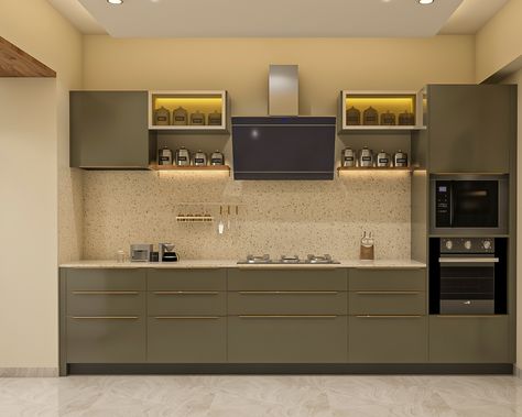 Compact Olive Green Kitchen Design With Mosaic Countertop | Livspace Kitchen Interior Olive Green, Olive Green Kitchen Design, Olive Green Kitchen Cabinets, Mosaic Countertop, Low Floor Bed, Interior Board, Olive Green Kitchen, Green Kitchen Designs, Kitchen Cost