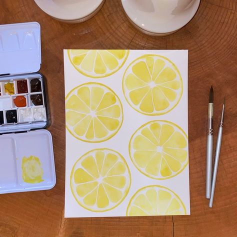 Artist signed and framed original watercolor art. Lemons slices make for great kitchen decor. Lovely on its own or in a collection with the orange and lime pieces. Water Colour Lemons, Watercolour Lemon Painting, Watercolor Art Lemon, Watercolor Lemon Slice, Things To Watercolor For Beginners, Lemon Kitchen Decor Ideas Diy, Lemon Painting Watercolor, Lemon Painting Acrylic Easy, Watercolor Art Fruit