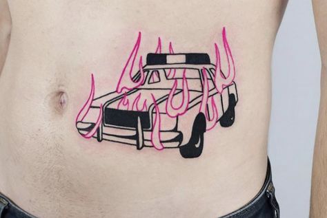 Dumpster Fire Tattoo, Car On Fire Tattoo, Cop Car On Fire, Llama Tattoo, On Fire Tattoo, Car On Fire, Scar Tattoo, Alien Tattoo, Fire Tattoo