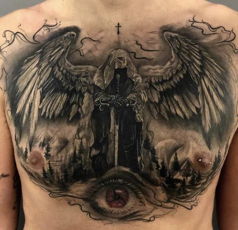 Dark Angel Tattoo Men, Angel Chest Tattoo Men, Tattoo Peito, Guardian Tattoo, Dark Angel Tattoo, Guardian Angel Tattoo Designs, Holy Spirit Tattoo, Fallen Angel Tattoo, Revelation Tattoo