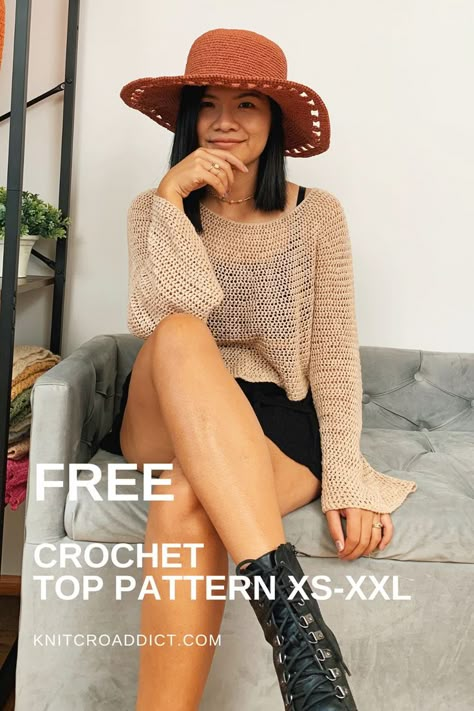 Free People Crochet Sweater, Crochet Top With Sleeves Pattern, Modest Crochet Top Pattern, Crochet Flowy Top Pattern Free, Crochet Summer Pullover, Crochet Top Outfit Fall, Sew Womens Clothes, Crochet Loose Top Free Pattern, Fall Crochet Patterns Free Clothes