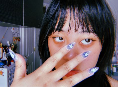 Blue Grunge Nails Acrylic, Blue Chrome Star Nails, Jelly Nails With Stars, Star Jelly Nails, Miffy Nails Aesthetic, Short Acrylic Nails Stars, Blue Jelly Nails Short, Miffy Acrylic Nails, Silver Jelly Nails