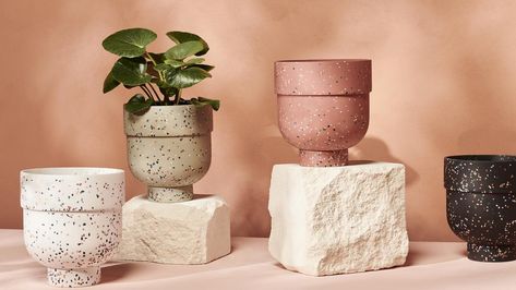 New to Bunnings stores..... Funnel Planter, Terrazzo Planter, Black Terrazzo, Spring Planter, Terrazzo Design, White Terrazzo, Water Tray, Milk Shop, First Photograph