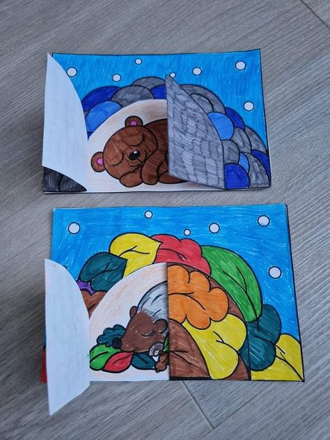 Hibernation Art For Kids, Grade 2 Art, Hibernation Crafts, Kids Painting Class, Forest Crafts, First Grade Art, January Crafts, K Crafts, Animal Crafts For Kids