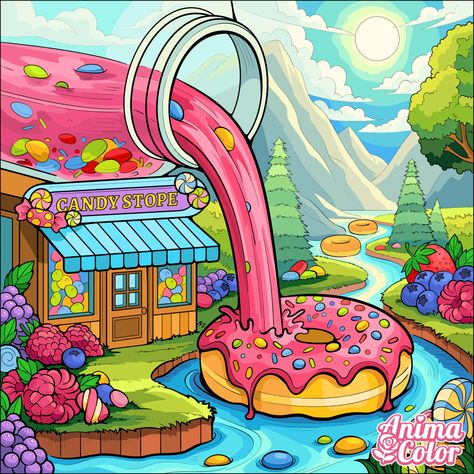 Candy World Drawing, Book Sketches, House Shapes, Food House, Shark Painting, Gumball Machine, Colouring Book, Candy Land, Christmas Candy