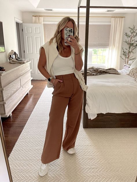 Abercrombie trousers - wearing medium with white tank & Varley sweater fall looks, fall outfits, fall outfit 2022, fall looks 2022, fall style 2022, abercrombie, abercrombie fall looks 2022, abercrombie fall fashion 2022 Abercrombie Work Pants, Abercrombie And Fitch Work Outfits, Abercrombie Pants Outfit, Abercrombie Fall Outfits, Abercrombie Trousers Outfit, Abercrombie Sloane Pant Outfit, Fall Trousers Outfit, Abercrombie Trousers, Abercrombie And Fitch Trousers