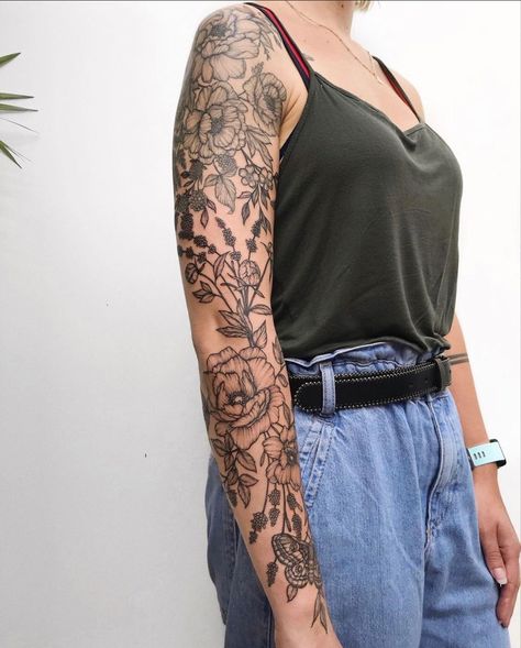 Floral Black Tattoo Sleeve, Floral Tattoo Sleeve Patchwork, Women’s Floral Tattoo Sleeve, Floral Patch Sleeve Tattoo, What To Add To Floral Sleeve Tattoo, Flower Half Arm Sleeve Tattoo, Floral Piece Tattoo Arm, Floral Tattoo Sleeve Forearm, Tasteful Sleeve Tattoos For Women