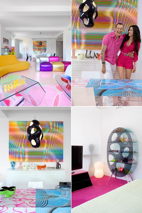 ish and chi: The vibrant home of Karim Rashid- interior design, decorating and style ideas Karim Rashid Interior, Shoe Cabinet Ideas, Shoe Rack Ideas, Modern Shoe Cabinet, Vibrant Living Room, Boho Interior Design, Vibrant Home, Neon Room, Karim Rashid