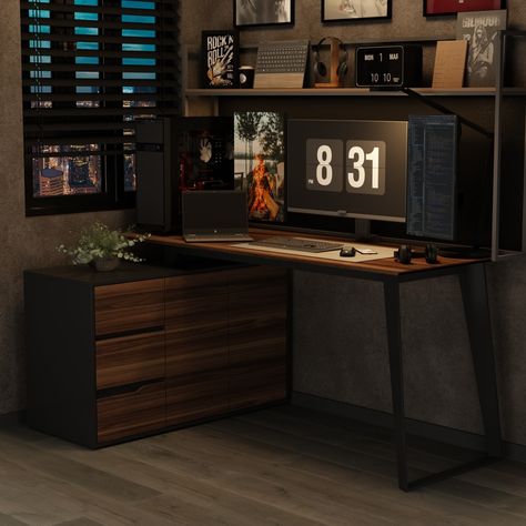 Bring extra practicality to your home office with this L-shaped corner desk. The desk is crafted from MDF board with a white finish melamine coated surface and thickened metal legs. Dark Wood Desk Office, Computer Battlestations, Office Update, Battle Stations, L Shaped Corner Desk, Secondary Colour, Wood Computer Desk, Small Bookshelf, Desk Wood