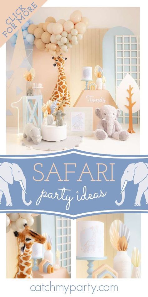 Muted Safari Theme, Pastel Safari Birthday Party, Birthday Boy Themes 1st, Animal Decorations Party, Baby Safari Birthday Party, Neutral Birthday Party Themes, Elephant Birthday Theme, Animal Themed Birthday Party Decorations, Animal Party Ideas