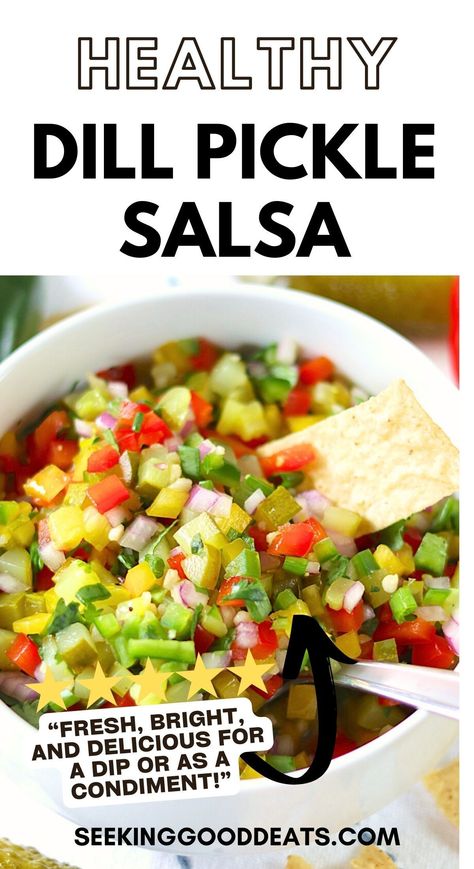 This dill pickle salsa, aka pickle de Gallo, is your new favorite dip or food "accessory." It's packed full of crunch from dill pickles, sweet red bell pepper, and onions—balanced with a tanginess from lime and pickle juice! It's perfect as a dip or a topping for brats or burgers, pulled pork sandwiches, or grilled chicken and pork. Bonus: it's low-calorie, plant-based, low-carb, and keto-friendly, too! Dill Pickle Salsa Recipe, Dill Pickle Salsa, Pickle Salsa Recipe, Dill Pickle Recipes, Pickle Salsa, Pepper And Onions, Bbq Pulled Pork Recipe, Pulled Pork Sandwiches, Pickle Lover