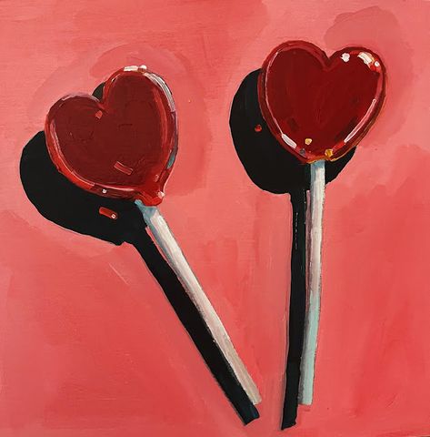 Heart Lollipop Painting, Valentine’s Painting Ideas, Heart Art Aesthetic, Red Painting Aesthetic, Love Inspired Art, Cool Still Life, Heart Canvas Painting Ideas, Valentines Paintings, Heart Canvas Painting