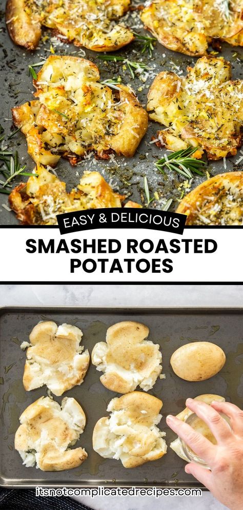 These Crispy Roasted Smashed Potatoes are likely to become one of your favourite side dishes. They are crispy on the outside and fluffy on the inside. Beautifully seasoned with chopped fresh rosemary, lemon zest and Parmesan cheese, they are a great accompaniment to many main courses. As a bonus, they are easy to make! Rosemary Parmesan Potatoes, Roasted Smashed Potatoes, Complicated Recipes, Rosemary Roasted Potatoes, Roasted Vegetable Recipes, Parmesan Potatoes, Rosemary Garlic, Roasted Vegetable, Savoury Recipes