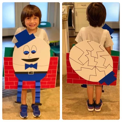 School nursery rhyme play costume Humpty Dumpty. Nursery Rhyme Characters Costumes, Hickory Dickory Dock Costume, Diy Humpty Dumpty Costume, Nursery Rhyme Dress Up, Nursery Rhyme Costumes, Humpty Dumpty Costume, Eyfs Nursery, Nursery Rhyme Costume, Nursery Rhymes Toddlers