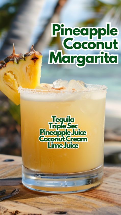 When it comes to refreshing cocktails, a Pineapple Coconut Margarita tops the list. The blend of tequila and Triple Sec pairs perfectly with the tropical notes of pineapple juice and cream of coconut, while lime juice adds a zesty kick. This drink is both smooth and tangy, making it a crowd favorite. #pineapplecoconutmargarita via @mybartender Jalapeño Coconut Margarita, Drinks With Cream Of Coconut, Pineapple Mixed Drinks, Cream Of Coconut Drinks, Tropical Drinks Recipes Alcohol, Coconut Drinks Alcohol, Triple Sec Drinks, Pineapple Coconut Margarita, Tropical Margarita