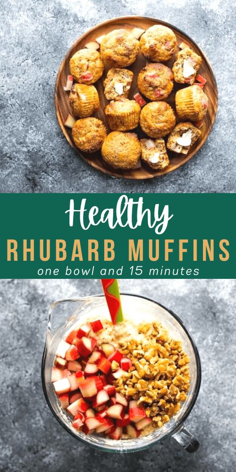 Rhubarb Apple Muffins, Rhubarb Breakfast Recipes Healthy, Healthy Rhubarb Recipe, Healthy Rubarbe Recipes, Low Calorie Rhubarb Recipes, Healthy Rhubarb Recipes Clean Eating, Rhubarb Muffins Healthy, Rhubarb Oatmeal Muffins, Summer Bakes