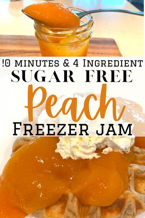 The easiest and healthiest and best tasting Sugar Free Peach Freezer jam! This is a No Pectin, No Sugar, No cook recipe that only takes 10 minutes to make and lasts years in the freezer! #peachfreezerjam #sugarfreepeachjam #sugarfreepeachfreezerjam Peach Freezer Jam Low Sugar, Peach Canning Recipes No Sugar, Peach Freezer Jam Easy, Peach Freezer Jam Recipe No Pectin, Sugar Free Peach Jam Recipe, Sugar Free Peach Jam, Sugar Free Freezer Jam, Raspberry Freezer Jam Recipe, Stevia Desserts