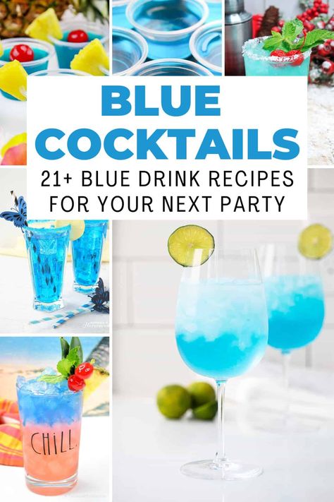 Looking for the best blue drink recipe for your next party? Here are some of our favorite blue cocktails you can easily make at home! Popular options include the Blue Hawaiian, Blue Margarita, Jack Frost, Blue Hurricane, Fish Bowl Drink, and Drunken Mermaid. Easy Blue Alcoholic Drinks, 4th Of July Drinks Alcoholic Pitcher, Blue Drinks Alcohol, Uv Blue Drinks, Blue Cocktail Recipes, Fish Bowl Drink, Blue Alcoholic Drinks, Patron Drinks, Blue Hawaiian Drink