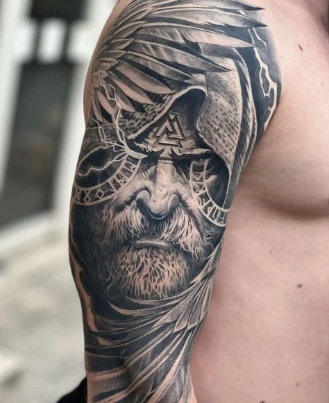 Viking Tattoo Odin Valknut Tattoo On Bicep Norse Mythology Tattoo Forearm, Viking Odin Tattoo, Til Valhalla Tattoo, Thor Tattoo Norse Mythology, Tyr Tattoo Norse Mythology, Shieldmaiden Tattoo, Valknut Tattoo, Tattoo On Bicep, Tattoo Odin