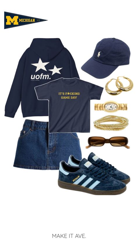 Michigan game day outfit, university of Michigan outfit. But the trendy blue and yellow baby tee and the oversized star u of m hoodie through the link in our profile. Be and yellow, blue and maiz, Michigan, Michigan gameday outfit, college outfit inspiration, back to school outfit, tailgate outfit Michigan Game Day Outfit, Michigan Outfit, Gameday Outfit College, Michigan Game Day, College Outfit Inspiration, College Gameday Outfits, Outfit College, U Of M, University Outfit