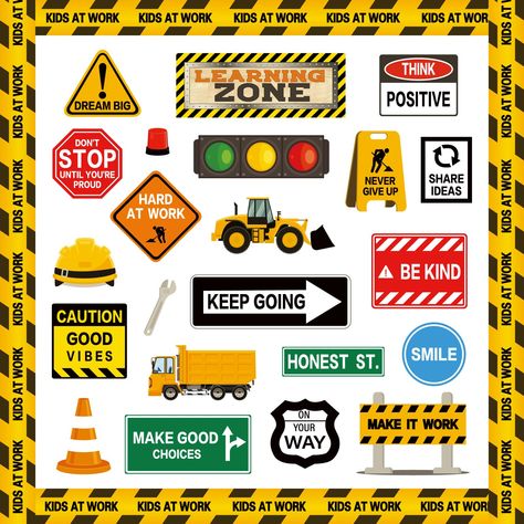 PRICES MAY VARY. Sufficient Quantity - The package comes with 27pcs cutouts and 20pcs bulletin board borders, plus 40pcs glue points, large quantity and rich styles for your daily decorations. Under Construction Theme - The classroom cut-outs decoration feature the construction theme, and full of construction elements, including yellow warning lines, trucks, traffic lights and other warning signs, also printed with some positive sayings to help students learn, which look very funny and eyes-catc Construction Bulletin Board, Under Construction Theme, Motivational Signs, Bulletin Board Borders, School Wall Art, Positive Sayings, Traffic Lights, Bulletin Board Decor, Construction Theme