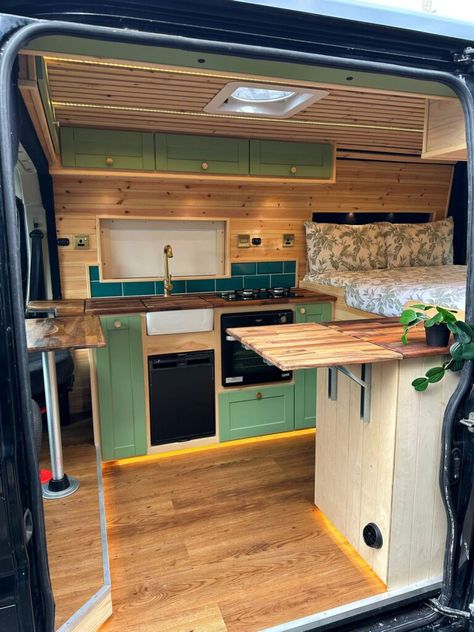 Campervan Kitchen, Camper Van Kitchen, Van Kitchen, Boat House Interior, Camper Interior Design, Wood Worktop, Pod House, Campervan Conversion, Diy Camper Remodel