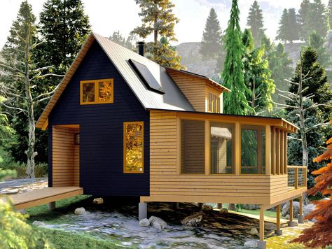 Follow one of these DIY cabin plans to build an affordable home or a personal escape from the hustle and bustle of residential life. Canadian Cabin, Dark Houses, Cabin Blueprints, Farm Tourism, Foundation Building, Open Deck, Pre Fab Tiny House, Cabin Designs, Loft Plan