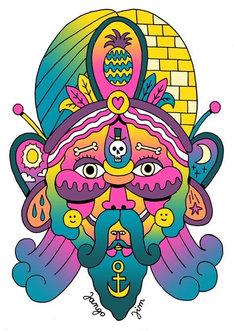 An experimental illustration series to play with weirdness, character design and psychedelic colours. Experimental Illustration, Skull Pineapple, Illustration Series, New Illustration, Illustration Inspiration, Typography Poster, Visual Artist, Character Illustration, Adult Coloring