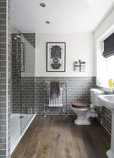 This image of a refurbishment in Buckinghamshire, posted by Interior Therapy, has been saved more than 91,000 times by Houzz users. The classic but modern space features grey tiles and a personal typography poster on the wall Makeover Kamar Mandi, Bad Inspiration, Subway Tiles, Basement Bathroom, Main Bathroom, Bad Design, Grey Bathrooms, Bathroom Renos, Dream Bathroom