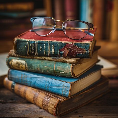 Books and Glasses: A pair of eyeglasses rests on a stack of vintage, hardcover books with worn covers. #eyeglasses #books #vintage #hardcover #worn #aiart #aiphoto #stockcake ⬇️ Download and 📝 Prompt 👉 https://stockcake.com/i/books-and-glasses_445671_395132 Close Up Art, Rustic Wooden Shelves, Cozy Reading Corners, Books Vintage, Reading Literature, Ancient Books, Leather Bound Books, Hardcover Books, Vintage Glasses