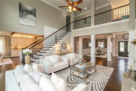 Living Room With Stairs Layout, Living Room With Stairs, Dreamy Living Room, Interior Balcony, Stairs In Living Room, First Apartment Decorating, Luxury Living Room Design, Dream Life House, Dream Beach Houses