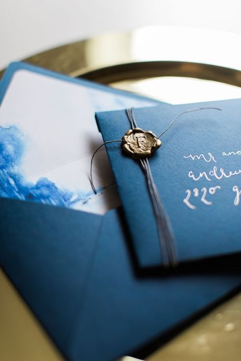 Indigo and Gold Wedding Invitation with a Wax Seal | Heather Mills Photography… Winter Wedding Stationery, Indigo Wedding, Watercolor Wedding Cake, Blue Wedding Inspiration, Something Blue Wedding, Creative Wedding Ideas, Wedding Colors Blue, Elegant Watercolor, Cheap Wedding Invitations