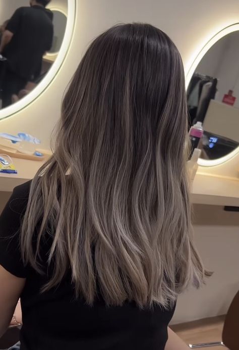 Balayage Straight Hair 2023, Ash Hair Color Balayage, Ash Balayage Straight Hair, Ash Blonde Highlights Straight Hair, Ashy Brown Hair Money Piece, Hair Color Ideas For Hispanics, Milk Tea Balayage On Dark Hair, Cool Toned Ombre Hair, Dark Brown With White Highlights