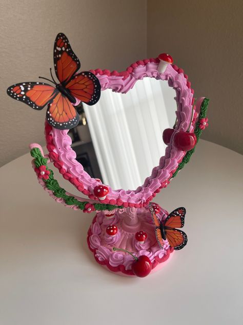 This cake is perfect for bathroom selfies, on a cute shelf or on a vanity <3 Products used: lightweight spackle, acrylic paint, mirror,  Dimensions: 9.7"L x 5.8"W Clay Mirror Decor, Cake Room Decor, Plant Mirror Decor, Junk Mirror, Cute Vanity Mirror, Painting A Mirror, Art On Mirror, Painting Mirrors, Mirror Cakes