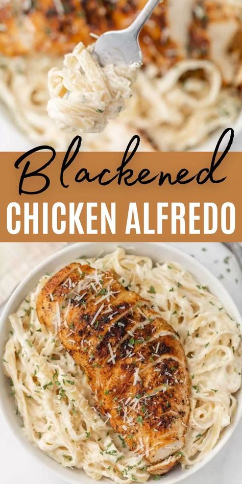 Easy Blackened Chicken Alfredo, Creamy Blackened Chicken Pasta, Blacken Chicken Alfredo, Blacken Chicken Pasta, Blackened Cajun Chicken Pasta, Blackened Cajun Chicken Alfredo, Blackened Chicken Alfredo Recipe, Grilled Chicken Alfredo Recipe, Blackened Alfredo