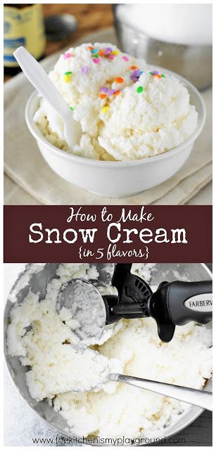 How to Make Snow Cream ~ in 5 different flavors for your next snow day! #snowcream #snowicecream #snowday #icecream   www.thekitchenismyplayground.com Snowday Food, Snow Cream Recipe, Snowcream Recipe, The Kitchen Is My Playground, Snow Recipe, Homemade Peach Ice Cream, Boozy Ice Cream, Dessert Cravings, Homemade Strawberry Ice Cream