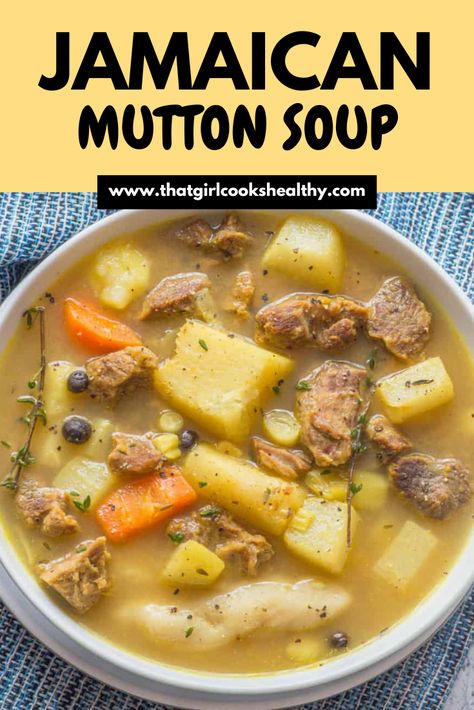 Jamaican-style Mutton Soup close up in a white bowl. Jamaican Mutton Recipes, Jamaican Saturday Soup, Manish Water Soup, Saturday Soup Jamaican, Jamaican Manish Water Soup, Jamaican Goat Soup Recipes, Jamaican Dumpling Soup, Mutton Soup Recipe, Caribbean Soup