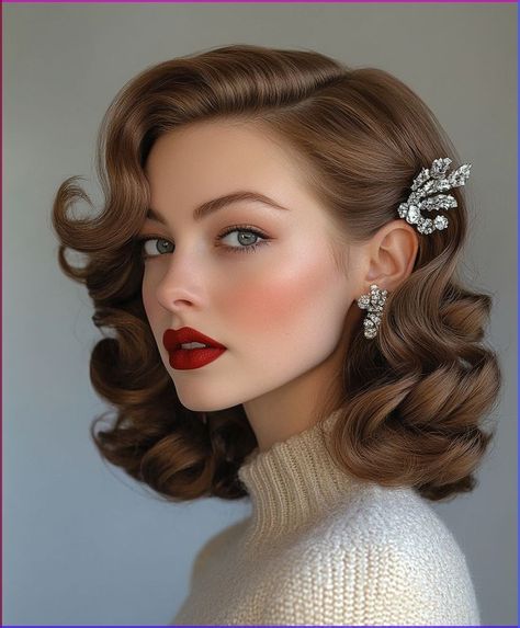 Hollywood Glamour Hair Short, Christmas Carol Hairstyles, Half Up Half Down Hair With Fascinator, Old Hollywood Formal Hair, Bridal Hair Retro, 1920s Hairstyles For Medium Length Hair, 50s Glamour Hair, Hair Ideas Christmas, 1940s Glamour Hair