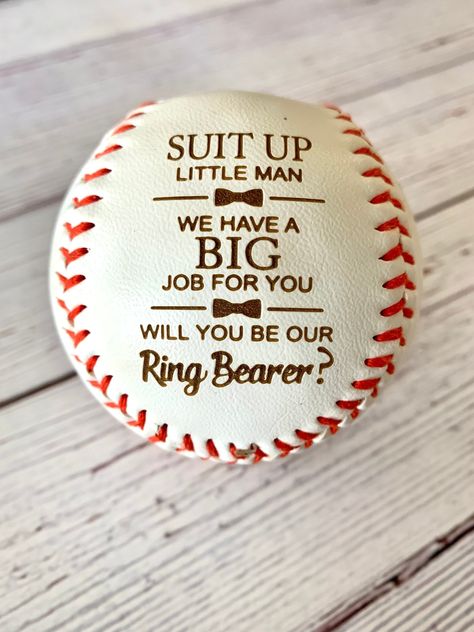 "FOR UNITED STATES FREE SHIPPING ORDERS OVER $35 AND 25% OFF STORE WIDE YEAR END SALE These make the perfect wedding proposal for your Ring Bearers and Ushers. The T-Balls used are Rawlings Official T-Ball TVB. The Baseballs used are Rawlings Official League OLB3. This is an \"engraved\" baseball and when we engrave into the leather ball it, is permanent and reveals the natural brown color. There are NO other color options available. The engraving will last forever and will not come off like a v Jac Caglianone, Blair Wedding, 2026 Wedding, Baseball Ring, Ring Bearer Proposal, Ring Bearer Gift, Baseball Ideas, Year End Sale, Usher Gifts