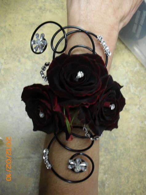 Goth Prom Corsage, Goth Corsage, Black Rose Corsage, Prom Corsage Ideas, Black Corsage, Corsage Ideas, Prom Corsages, Goth Prom, Prom Corsage And Boutonniere