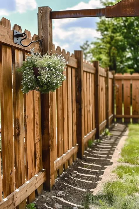 Wooden Fence Backyard, Tall Wood Fence, Big Fenced In Backyard, Cedar Fencing Ideas, Outdoor Privacy Fence Ideas, Pretty Privacy Fence, Fenced In Backyard Ideas, Vertical Slat Fence, Pretty Fence