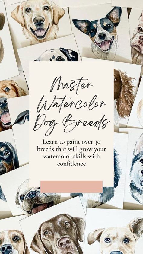 Learn how to paint over 30 dog breeds. Grow your watercolor skills with confidence. A great resource for beginner watercolor painters! Join the course today! Watercolor For Beginners, How To Watercolor, Beginner Watercolor, Dog Watercolor Painting, Master Watercolor, Dog Portraits Painting, Color Lessons, Different Dog Breeds, Watercolor Dog Portrait