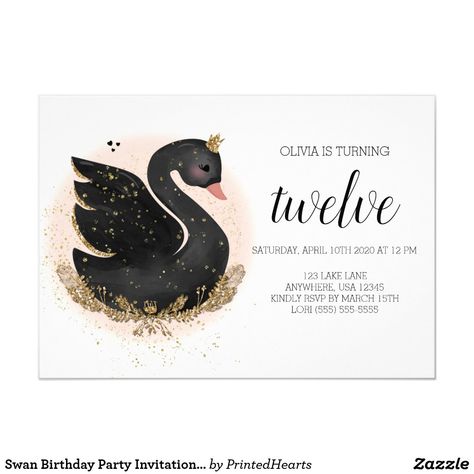 Swan Birthday Party Invitation |  Black and Gold Swan Invitation, Swan Princess Birthday, Swan Birthday Party, Baby Girls 1st Birthday, Swan Birthday, Black And Gold Invitations, Princess Birthday Party Invitations, Baby Birthday Card