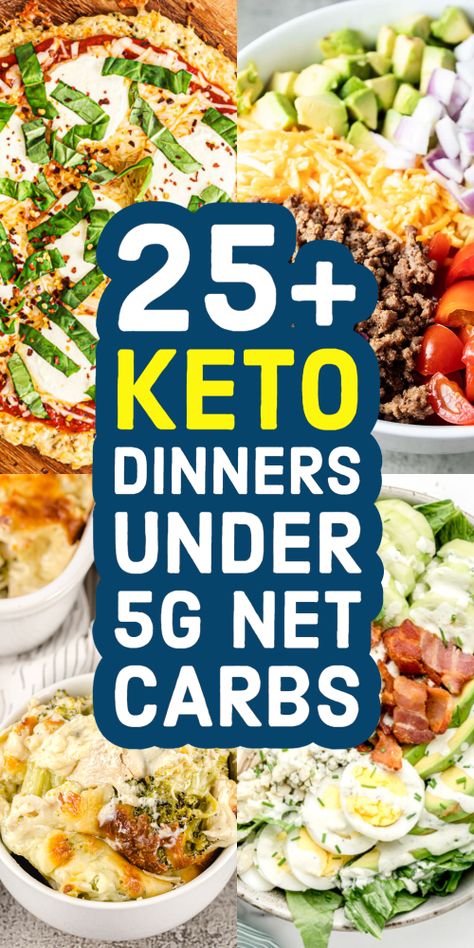 If you're looking for keto dinners under 5g net carbs, you're going to love these recipes! Everything from keto taco salad to keto pizza to keto cheesy chicken and more. You won't believe these are actually low carb recipes - but they are! Keto Main Dishes Recipes, Cheap Keto Casserole Recipes, Keto Dinner Recipes No Cheese, Low Carb Ideas Dinner, Keto Low Carb Recipes Dinners, Keto For Families, Low Net Carb Meals, Keto 2.0 Recipes, Very Low Carb Meals