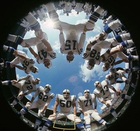 Fisheye camera view of Baltimore Colts QB Earl Morrall and teammates in huddle during a 1968 practice at Memorial Stadium Football Team Pictures, Fisheye Photos, Fisheye Camera, Fisheye Photography, Colts Football, Baltimore Colts, Football Photography, Perspective Photography, Team Pictures