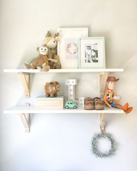 Shelving For Nursery Wall, Wooden Nursery Shelves, Nursary Shelves, Small Space Baby Nursery Shelves, Shelf With Hooks Baby Room, Montessori Toddler Bedroom, Baby Room Inspiration, Nursery Inspo, Nursery Baby Room