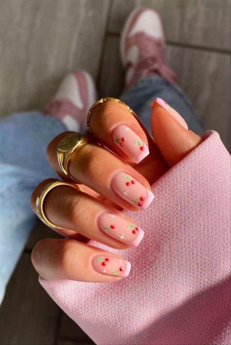 Cherry Acrylic Nails Square, Short Nail Neutral Designs, Short Square Cherry Nails, Cherry Inspired Nails, Mallorca Nails, Ibiza Nails, Greece Nails, Nurse Nails, Pink French Tips