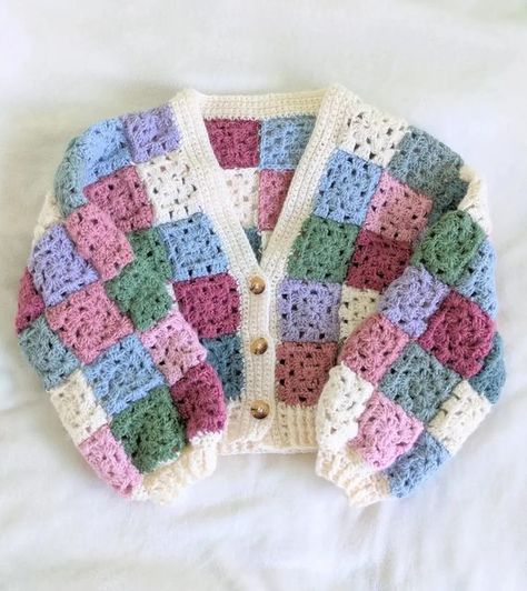 Crochet Patchwork Cardigan, Fluffy Crochet, Fluffy Yarn, Patchwork Cardigan, Crochet Cardigan, Crochet Sweater, Granny Square, Pastel Pink, Needlework