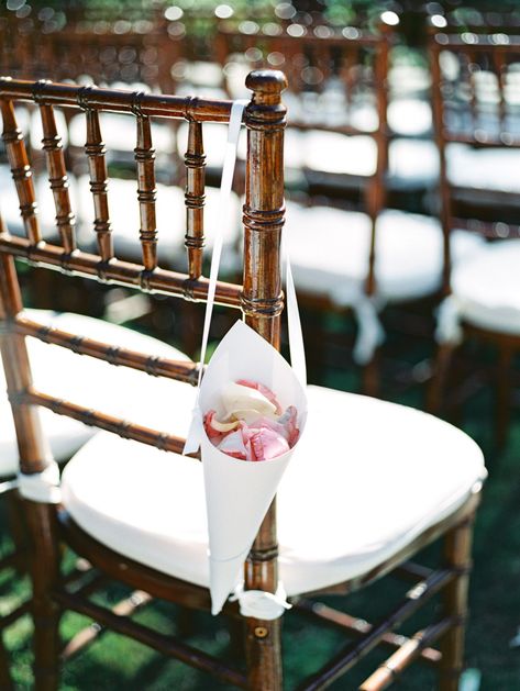 Wedding Ceremony Chair Flowers, Flower Petal Toss Wedding Ceremony, Flower Petal Cones, Flower Petal Cones Wedding, Kids In Wedding Ceremony, Simple Wedding Chair, Petal Cones Wedding, Flower Cones Wedding, Lawn Wedding Ceremony