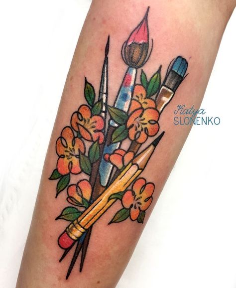 Paintbrush Tattoo, Pencil Tattoo, Brush Tattoo, Retro Tattoos, Forearm Sleeve Tattoos, Full Sleeve Tattoos, Full Sleeve Tattoo, Arm Sleeve Tattoos, Tattoo Sleeve Designs